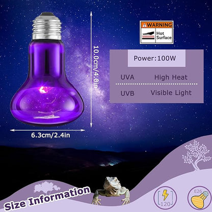 75W Reptile Night Light Bulb – Purple Basking Spot Lamp with Simulated Moonlight for Lizards, Chameleons, Snakes, Turtles, Amphibians – UVA Heat Light – 2-Pack (3.2" Diameter)
