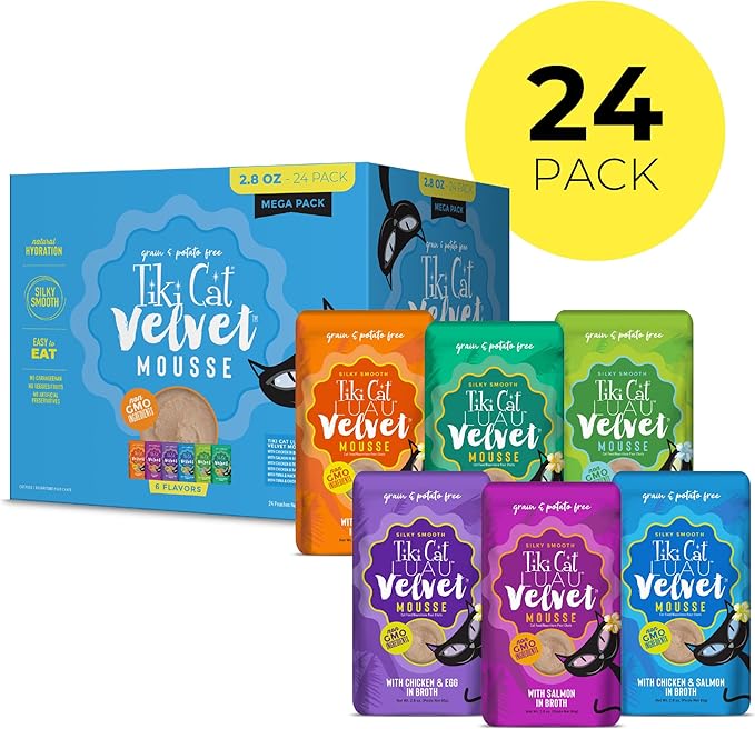 Tiki Cat Luau Velvet Mousse Wet Cat Food, 24 Count Mega Variety Pack 2.8 oz. Pouch (24 Count)