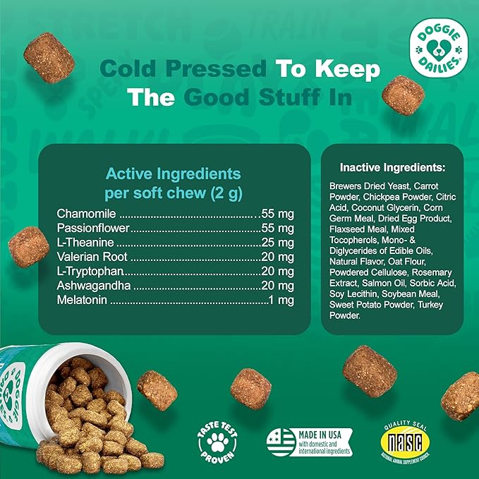 Doggie Dailies Calming Chews for Dogs - Melatonin for Dogs with Chamomile to Help Manage Stress Relief - Calm & Relaxation During Thunderstorms, Fireworks, Travel, & Separation (Turkey) 225 Soft Chews