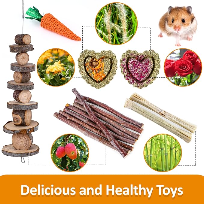 VESPRO Hamster Toys Set, Guinea Pig Toys Small Animal Chewing Toy and Rat Cage Accessories, Chinchillas, Gerbils, Rats, Rabbit Rodents Teeth Care, Apple Wood Timothy Hay Mouse Toy Swing Seesaw Bridge