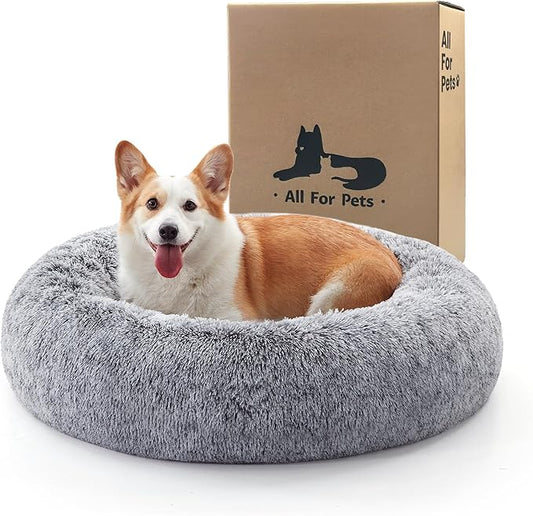 Calming Dog Bed - Donut Washable Medium Size Round Pet Bed for Dogs and Cats, 30 inches Anti-Slip Fluffy Faux Fur Plush Cat Bed, Anti-Anxiety Cushion with Anti-Slip Bottom
