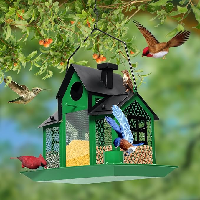 Solar Bird Feeders House for Outdoors Hanging, 7LBS Large Capacity Metal Wild Bird Feeder Squirrel Proof for Outside with Water Cup, Cardinal Birdfeeder Birdhouses Gift for Bird Lovers (Green)