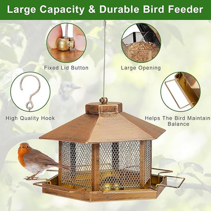 Metal Bird Feeder for Outdoor Hanging, 4.6LB Large Capacity, Garden Decoration - Attracts Wild Birds, Durable Outdoor Bird Feeding Station for Garden Yard Outside Backyard (Extra Large Gold)