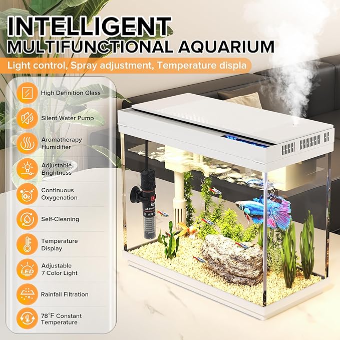 Aquarium, 2.4 Gallon Betta Fish Tank with Heater, Humidifier 3 in 1 Pump - Filteration & Oxygenation & Circulation, Temperature Display, HD Glass, Timed 7-Color Lights