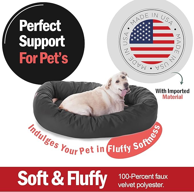 Majestic Pet 52-Inch Bagel Calming Dog Bed - Washable, Cozy Soft Round With Spine Support - Fluffy Donut Shape 52x35x11 Inches - X-Large Pet Bed for Dogs to Rest Their Head - Gray