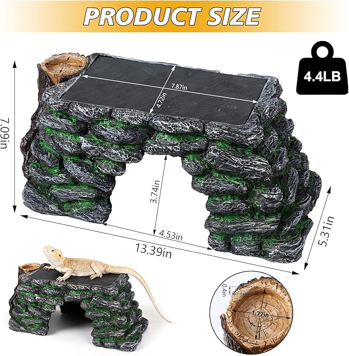3 in 1 Large Bearded Dragon Basking Platform 13.4x7.1x5.3 in Scape Step Ledge Cave Hideout Natural Rock Reptile Food Bowl Reptile Tank Accessories for Lizard, Geckos, Ball Pythons, Tortoise