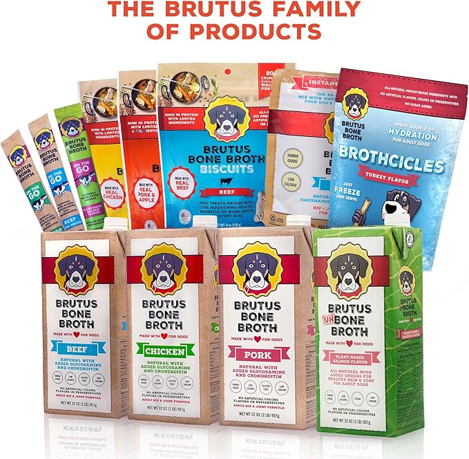 Brutus Broth Skin and Coat Meal Toppers for Dogs Mega Pack (Salmon Flavor) - Vegetable Broth Powder with Omegas 3, 6 & 9 - Dog Food Toppers for Dry Food - Makes 130oz of Liquid Bone Broth