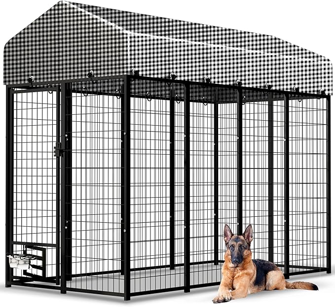 Large Outside Dog Kennel, Outdoor Dog Run Enclosure 8'x4'x6' Dog Pen House with Roof Cover Heavy Duty Welded Wire Steel Dog Playpen Animal Fence with Feeding Door