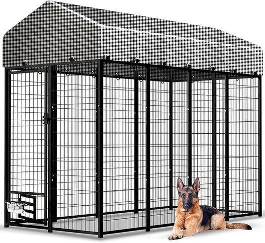 Large Outside Dog Kennel, Outdoor Dog Run Enclosure 8'x4'x6' Dog Pen House with Roof Cover Heavy Duty Welded Wire Steel Dog Playpen Animal Fence with Feeding Door