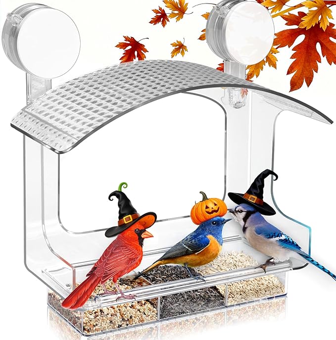 Window Bird Feeder with Strong Adhesive Suction Cups, Clear Bird Feeders for Window Viewing, Acrylic Window Bird Houses for Viewing Inside, Suction Bird Window Feeder for Cats