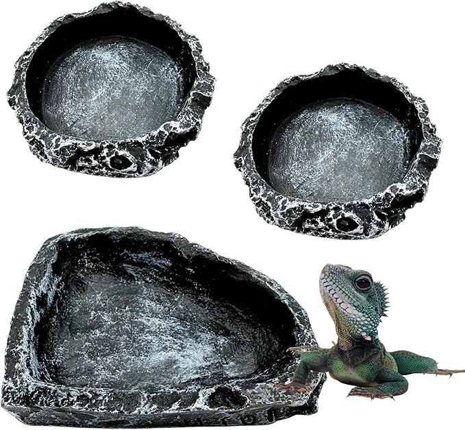 Reptile Water Dish Food Bowl, 3 Pack Reptile Feeding Terrarium Bowls for Bearded Dragon Lizard Frog Gecko Tortoise Hermit Crab Snail (Black)