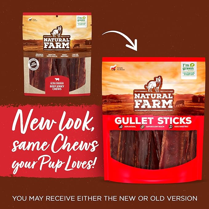 Natural Farm Gullet Sticks (6 Inch, 25 Pack), Grain-Free, Preservative-Free & Fully Digestible Beef Esophagus – Gentle Yet Effective Fun - Best for Light, Pups & Senior Chewers