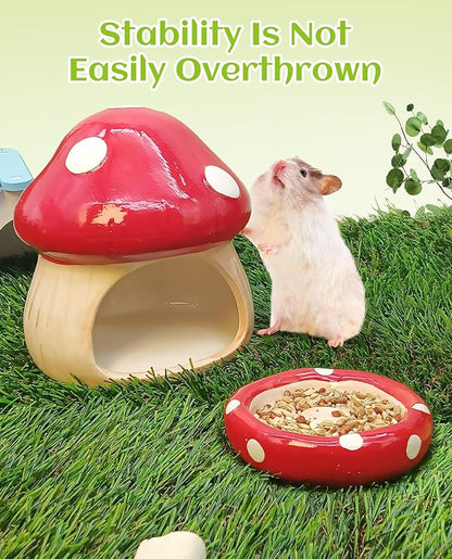 BNOSDM Ceramic Hamster Hideout Cute Mushroom Shape Hamster House and Habitat Cool Hamsters Hide Suitable for Syrian, Mice, Dwarf Hamsters, Gerbils (Red)