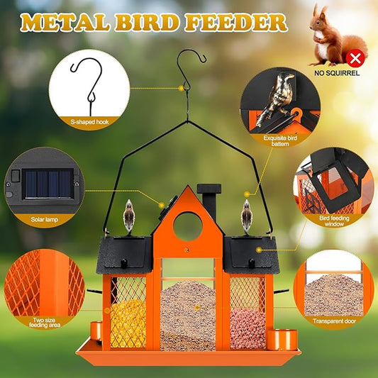 Solar Bird Feeders House for Outside Hanging, Metal Wild Bird Feeder for Outdoors Large Capacity Cardinal Birdfeeder Birdhouses Metal Bird Feeding Station Orange