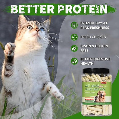 Just Try 6.34OZ Cat Treats, Freeze Dried Cat Grass Teething Stick,Healthy Training Treats Food Topper,Hairball Control Teeth Cleaning Dental Treats for Indoor Cats (6.34 OZ, Chicken)