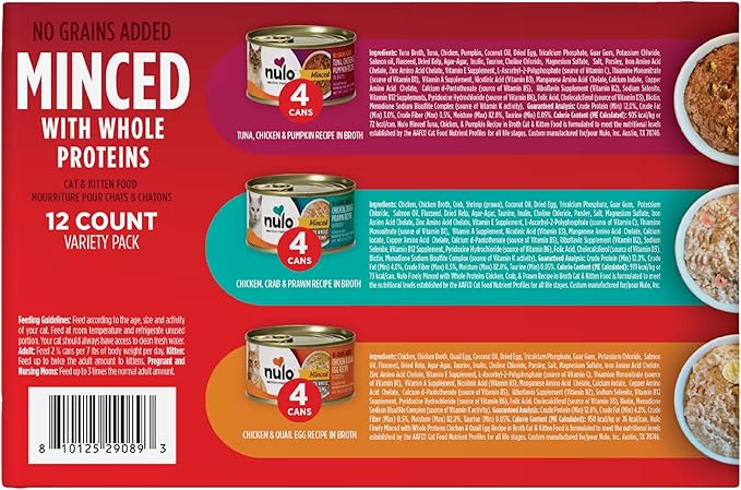 Nulo Grain-Free Minced with Whole Proteins Wet Canned Cat and Kitten Food, Variety Pack, 2.8 Ounce, 12 Cans