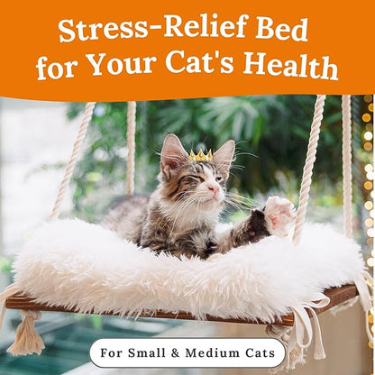 Cat Window Perch - Hammock Bed for Cats Inside - Solid Wood Seat, 4 Strong Suction Cups, Soft Cushion - Rustic Indoor Pet Shelf