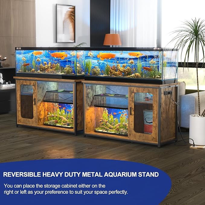 55-75 Gallon Fish Tank Stand with Power Outlets & LED Light, Reversible Heavy Duty Metal Aquarium Stand with Cabinet for Fish Tank Accessories Storage, Turtle/Reptile Terrariums, Rustic