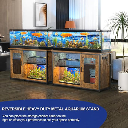 55-75 Gallon Fish Tank Stand with Power Outlets & LED Light, Reversible Heavy Duty Metal Aquarium Stand with Cabinet for Fish Tank Accessories Storage, Turtle/Reptile Terrariums, Rustic