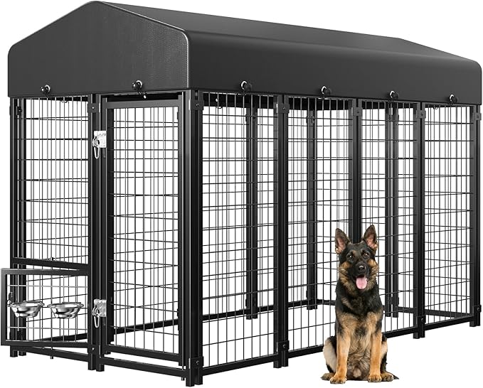 Outdoor Dog Kennel with Roof, Weatherproof Large Dog Kennel Outside with Swivel Feeders & Removable Doggy Door, Heavy Duty Dog Run Pet Enclosures for Medium to Large Dogs (8'L x 4'W x 6'H)