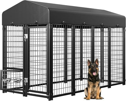Outdoor Dog Kennel with Roof, Weatherproof Large Dog Kennel Outside with Swivel Feeders & Removable Doggy Door, Heavy Duty Dog Run Pet Enclosures for Medium to Large Dogs (8'L x 4'W x 6'H)