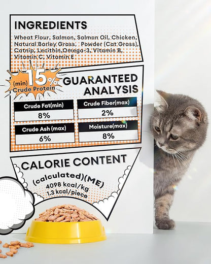 17.63oz Crunchy Cat Grass Treats for Hairball Control – Natural Salmon & Cat Grass & Catnip Biscuits, Low-Calorie Healthy Snacks for Indoor Cats, Digestive & Dental Care