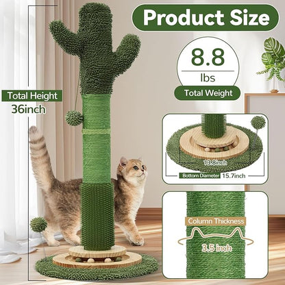 OTOB 36" Tall Cat Scratching Post, Natural Sisal Rope Cactus Cat Scratch Post, Vertical 6-in-1 Interactive Turntable Cat Scratcher Post with Soft Ball Toys, Protect Your Furniture for All Indoor Cats