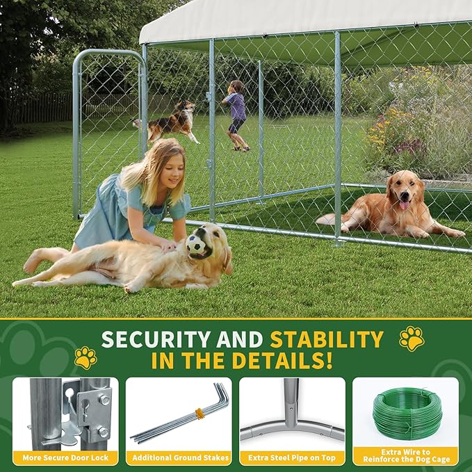 LotFun Large Outdoor Dog Kennel, 10 x 10 FT Heavy Duty Dog Enclosure with Chain Link Fence, UV-Resistant Canopy Cover, Double Lock Security (10 x 10 x 6 in)