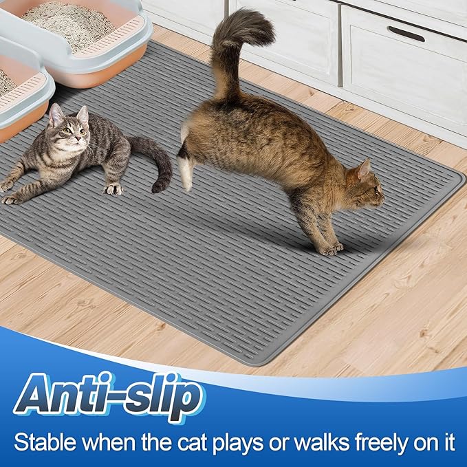 MEWTOGO Easy Clean Silicone Cat Mat for Litter Box - 39" x 26.6" Extra Large Waterproof Non-Slip Kitty Litter Trapping Mat for Protecting Floor, Less-Mess Food Water Mat for Indoor, Gray