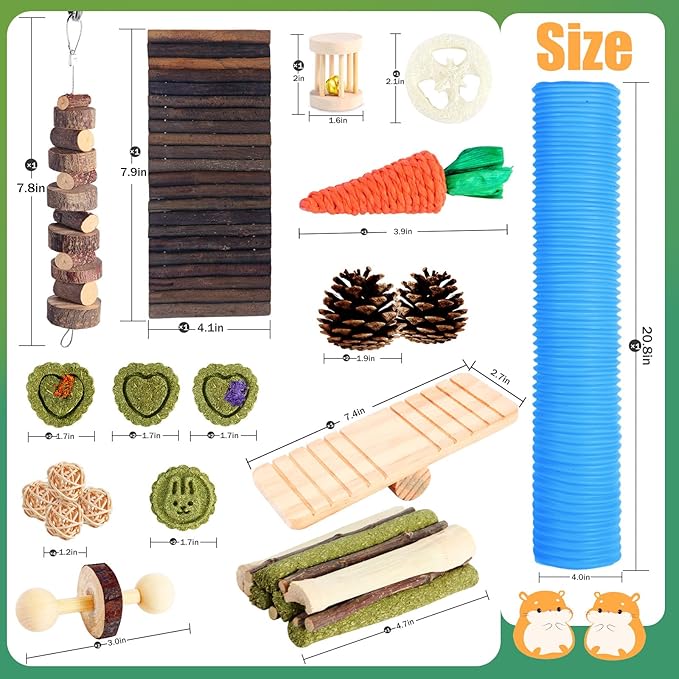 Kyouki Hamster Toys Guinea Pig Toys Set with Tunnel, Chewable Apple Wood & Natural Timothy Hay - Enrichment Chew Toys for Small Animals - 24+ Cage Accessories for Teeth Care & Boredom Relief (Blue)