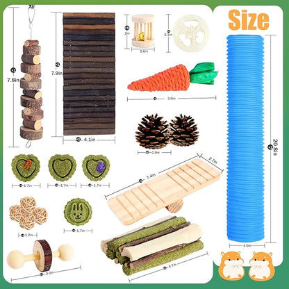 Kyouki Hamster Toys Guinea Pig Toys Set with Tunnel, Chewable Apple Wood & Natural Timothy Hay - Enrichment Chew Toys for Small Animals - 24+ Cage Accessories for Teeth Care & Boredom Relief (Blue)