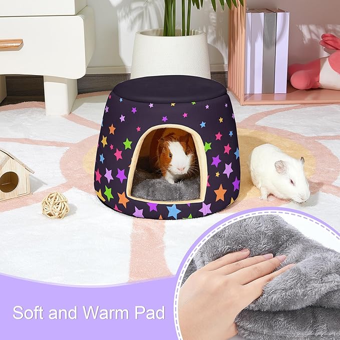 Glittme Guinea Pig Hideout,2 in 1 Guinea Pig Bed with Removable Pad, Washable Bunny Bed,Rabbit,Stars