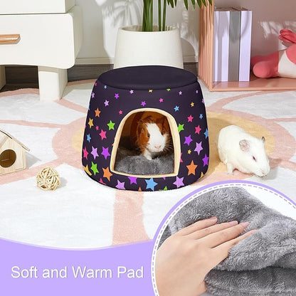 Glittme Guinea Pig Hideout,2 in 1 Guinea Pig Bed with Removable Pad, Washable Bunny Bed,Rabbit,Stars