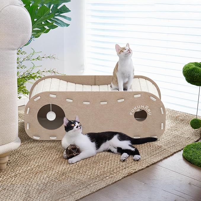 FUKUMARU Cat Beds for Indoor Pets, 31.5 Inches Extra-Large Cat Cave for Multi-Pet, Cozy House with Fluffy Ball Hanging, Scratch Resistant Felt Kitten Hideaway Bed, Feline Tunnel, Beige