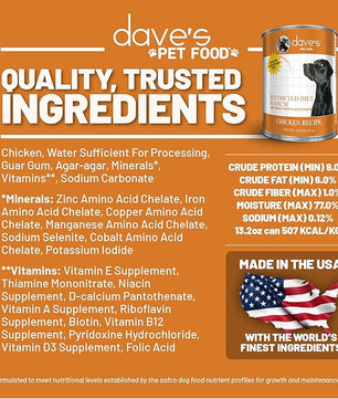 Dave's Pet Food Restricted Sodium Diet for Dogs, Chicken Pate Recipe, 13.2 oz Canned Dog Food, Case of 12
