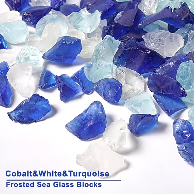 Versatile Frosted Sea Glass Block - 1LB Blue Vase fillers, Aquarium Gravels, Sea Glass Decor, Ideal for DIY Crafts, and Home Decor - Perfect for Beach Weddings and More (Cobalt & Turquoise & White)