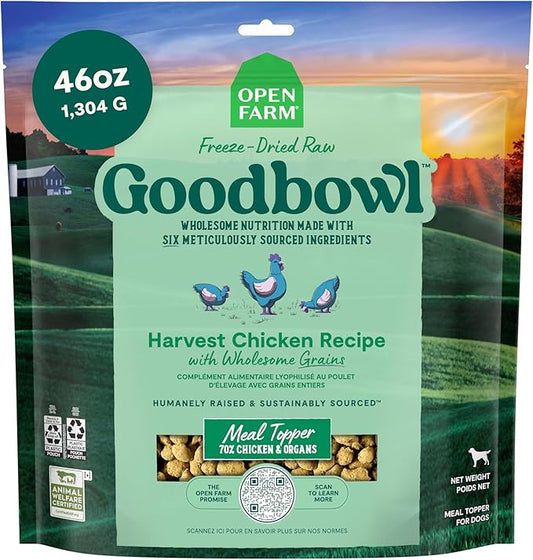 Open Farm Goodbowl Dog Food Topper, Freeze Dried Raw, Harvest Chicken & Wholesome Non-GMO Grains Recipe, 46oz Bulk-Size Bag