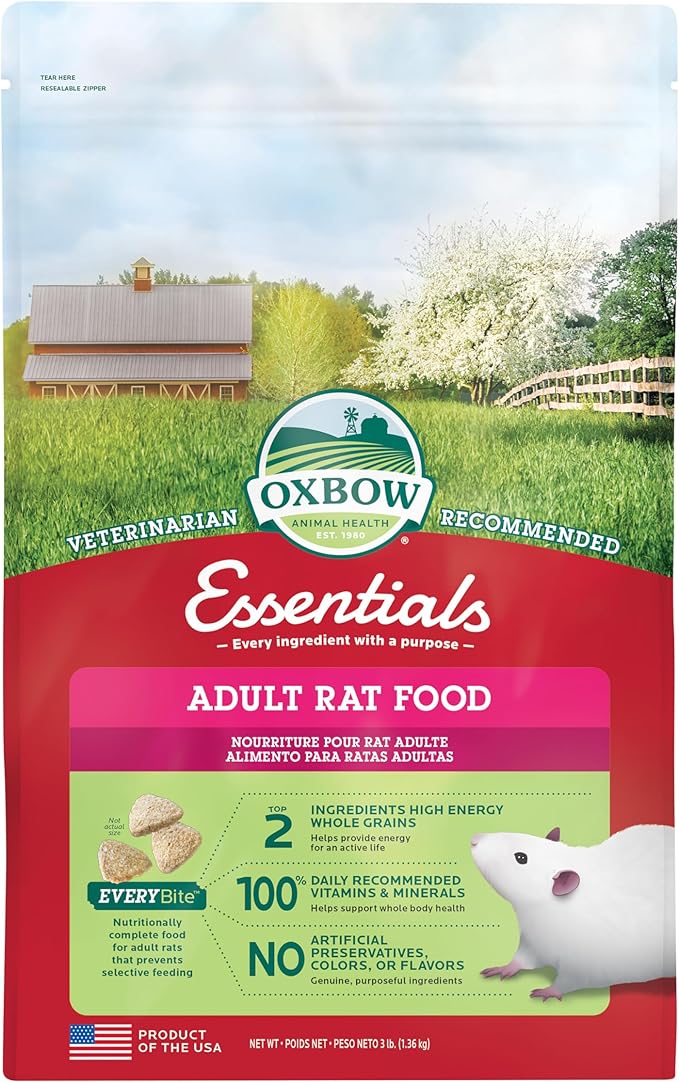 Oxbow Essentials Rat Food, Pet Food for Adult Rats, All-Natural Vitamin & Mineral Rich Formula, Veterinarian Recommended, Oxbow Animal Health, Rodent Pellets, Made in USA, No Artificials, 3 lb. Bag