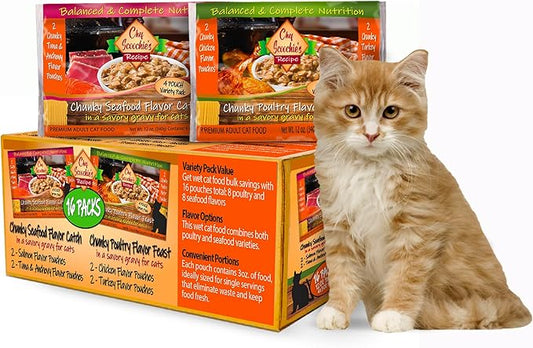 Chef Scoochie's Gourmet Wet Cat Food Variety Pack with Natural Poultry & Seafood Flavors - Tender Chunks in Gravy Cat, 16 Individual Pouches (3oz Each 8 Pouches of Each Flavor)