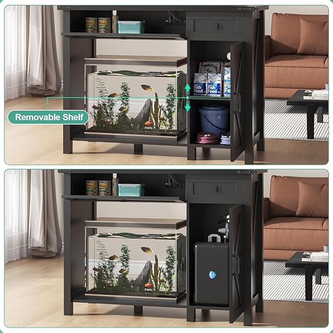 40 Gallon Aquarium Stand With Charging Station, Farmhouse Fish Tank Stand, 30-40 Gallon Reptile Tank Stand Terrarium Stand with Drawer and Cabinet Storage, Sturdy Heavy Duty 41.9"×18.3" Tabletop - Black