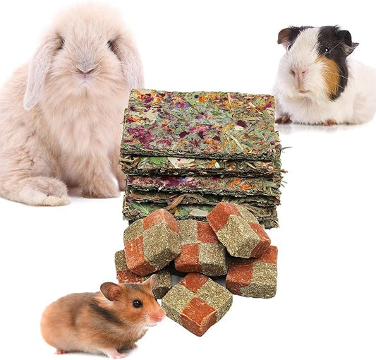 12 Pack Timothy Hay Treats, Timothy Hay Cubes and Chips, Natural Chew Toys for Teeth, Chewing Stuff for Bunny, Hamster, Guinea Pig, Chinchilla, Rabbit, and Other Small Animals