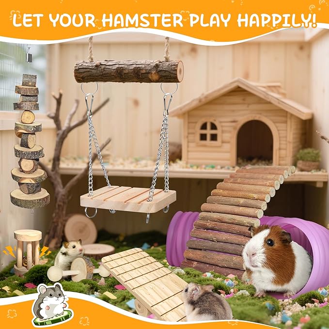 40 PCS Hamster Toys Set Guinea Pig Toys, Hamster Cage Accessories with Tunnel, Bridge, Natural Timothy Hay, Apple Wood and Bamboo for Boredom Relief & Teeth Care for Chinchillas, Gerbils, Rats