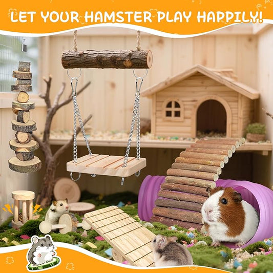 40 PCS Hamster Toys Set Guinea Pig Toys, Hamster Cage Accessories with Tunnel, Bridge, Natural Timothy Hay, Apple Wood and Bamboo for Boredom Relief & Teeth Care for Chinchillas, Gerbils, Rats