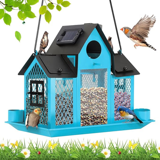 Solar Bird Feeders House for Outside Hanging, Metal Wild Bird Feeder for Outdoors, Large Cardinal Bird Feeder Birdhouses Squirrel Proof (Blue)