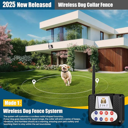 Wireless Dog Fence System, Electric Fence for Dogs with Big LCD Screen, 2 in 1 Portable Wireless Pet Perimeter for Outdoor, Remote Training collar, Adjustable Collar for Big Medium Dogs (For 1 Dog)
