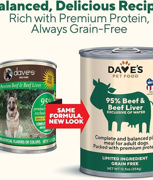 Dave's Pet Food Grain Free Wet Dog Food (95% Beef & Beef Liver), Made in USA Single-Source Protein, Limited Ingredients Added Vitamins & Minerals, 12.5 oz Cans (12 Pack)