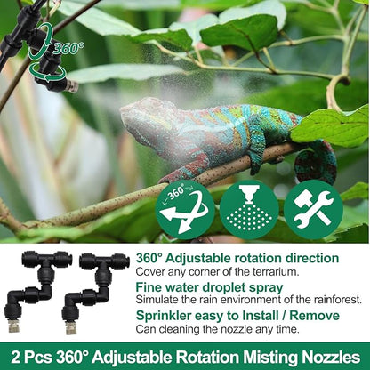 Reptile Humidifiers Smart Misting System for Herps Terrariums, Reptile Mister Automatic with Timer, 360° Adjustable Misting Nozzles for Chameleons, Snake, Frog, Turtle, Lizard