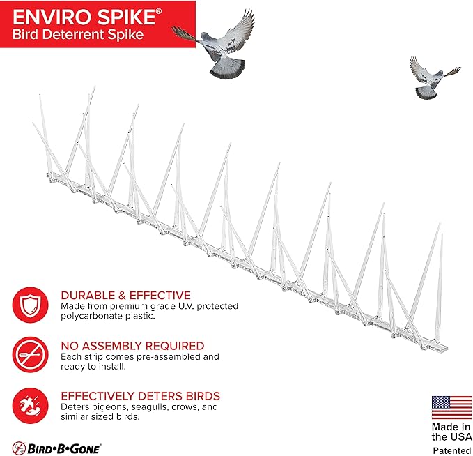 Bird B Gone - EnviroSpike Plastic Anti Bird Spikes (24' Kit) - Humane Deterrent - Stops Pigeons & Birds from Roosting - UV-Stabilized Polycarbonate - for Rooftops, Ledges, Fences, Etc - Made in USA
