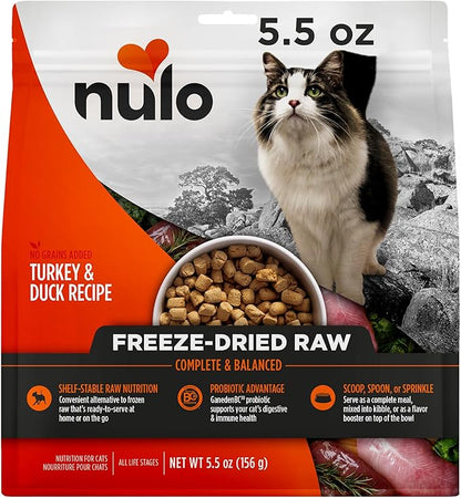 Nulo Freestyle Freeze-Dried Raw, Ultra-Rich Grain-Free Dry Cat Food for All Breeds and Life Stages with BC30 Probiotic for Digestive and Immune Health, Turkey & Duck, 5.5 Ounce