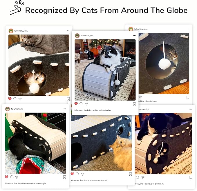 FUKUMARU Cat Beds for Indoor Pets, 31.5 Inches Extra-Large Cat Cave for Multi-Pet, Cozy House with Fluffy Ball Hanging, Scratch Resistant Felt Kitten Hideaway Bed, Feline Tunnel, Grey